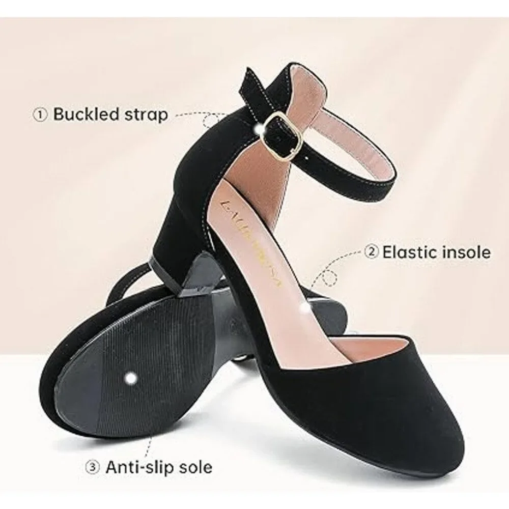 Laurmosa Big Girls Size 2 Black Faux Suede Closed Toe Ankle Strap 2